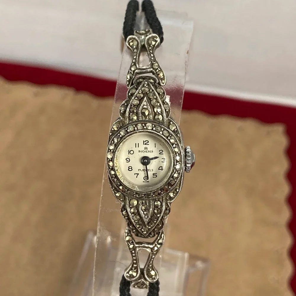 Vintage Elegant 1930s Bucherer Ladies Swiss Made Marcasite Watch .800 Silve